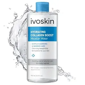 Ivoskin Hydrating Collagen Boost Micellar Water - Gentle Makeup Remover & Skin Revitalizer With Triple Collagen Complex, Hyaluronic Acid & Ceramide - Hydrating Cleanser For Sensitive Skin - 16.9 Fl Oz
