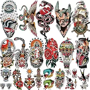 77 Sheets Classic Temporary Tattoos Adult, Old School Tattoos Stickers, Sailor Jerry Style Fake Tattoo, American Traditional Flower Rose Arm Temporary Tattoos For Women Men Kids