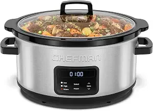 Chefman Slow Cooker 7 Quart, Large Family Size Programmable Digital Slow Cooker With 24-Hour Timer, Low, High & Warm Settings, Ceramic Crock, Tempered Glass Lid, Dishwasher-Safe, Stainless Steel