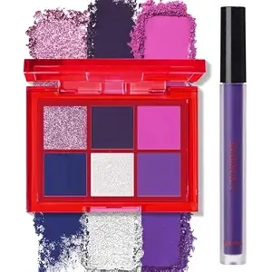 Bobisuka Eyeshadow Makeup Palette + Matte Lipstick Kit, 6 Colors Purple Blue Pink Shimmer Matte Eye Shadow Pallet With Purple Liquid Lipgloss Set For Halloween, Costume, Cosplay, Witch, Ursula Makeup