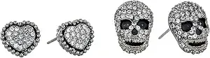 Betsey Johnson Cz Pave Heart & Skull Duo Set Of Stud Earrings