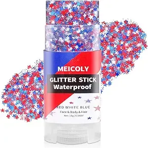 Meicoly Patriotic Red White And Blue Star Hair Face Glitter Stick For Patriot Day,Halloween Body Glitter Stick,Waterproof Women Sparkle Rave Accessories