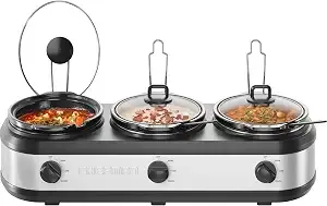 Chefman Triple Slow Cooker & Food Warmer, Three Crock Slowcooker With 2.5 Qt. Ceramic Crocks, 7.5-Quart Total Capacity, Pfas-Free, Three Temperature Settings, Dishwasher-Safe Parts – Stainless Steel