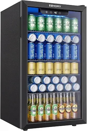 Euhomy 130 Can Mini Fridge, Beverage Refrigerator With Glass Door, Black