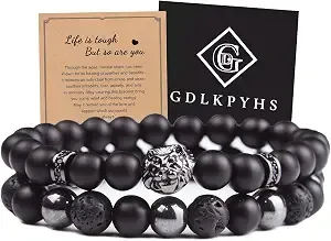 Black Obsidian Bracelet For Men - Black Tourmaline Beaded Bracelets - Mens Bracelet Set 8mm Black Onyx Hematite Lava Stone Beads Triple Protection Bracelet For Men Women Gifts