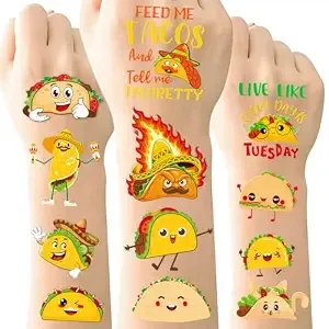 Taco Fiesta Temporary Tattoo Stickers - 8 Sheets 320 Styles Funny Mexican Taco Twosday Birthday Party Decorations For Tuesday Cinco De Mayo Favors Supplies School Prizes Rewards