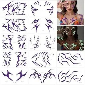 12 Pcs Glow In The Dark Cosplay Purple Temporary Tattoos, Dance Fake Tattoos For Cosplay, Halloween, Music Festival, Dance Party Makeup, Fantasy Creature Design, Fantasy Theme Costume Accessories