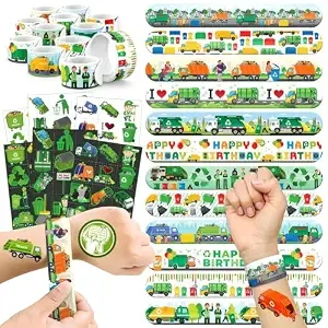 96 Pcs Garbage Truck & Trash Truck Party Favors - 72 Pre-Cut Temporary Tattoos & 24 Slap Bracelets For Kids, Birthday Decoration Supplies, Goodie Bag Stuffers Gifts