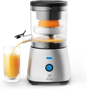 Eurolux Electric Citrus Juicer Stainless Steel - Premium Hands-Free One-Touch Orange Juice Squeezer For Oranges, Lemons, And Limes - Quiet Operation, Easy To Clean, Countertop Small Kitchen Appliance