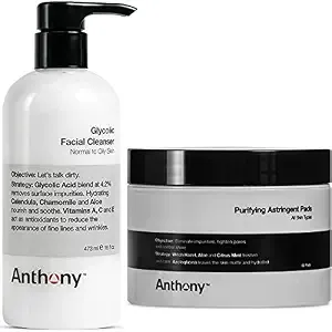 Anthony Glycolic Facial Cleanser, Normal To Oily Skin, 16 Fl Oz Purifying Astringent Toner Pads, 60 Count