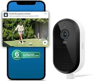 Arlo Essential Plug-In Security Camera 2k (3rd Gen) - 1-Cam + 6 Mo Plan - Wired Surveillance Camera; 2k & Color Night Vision; Person, Vehicle & Package Detection; 2-Way Audio; 6-Mo Secure Plan Incl.