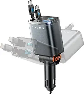 Lisen Retractable Car Charger Usb C Fast Charge For Iphone 18 17 Pro Max
