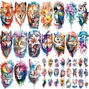 77 Sheets Temporary Tattoo, 17 Sheets Half Arm Flower Lion Tiger Cat Owl Parrot Waterproof Fake Tattoos For Adults Shoulder Neck, 60 Tiny Realistic Tattoo Stickers For Women Girls And Kids