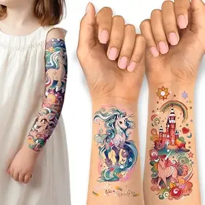 Unicorn Temporary Tattoo For Kids 35pcs Realistic Fake Tattoos, Full Half Arm Sleeve Glitter Tattoo Kit, Waterproof Birthday Party Supplies, Makeup Gifts For Girls Kids (24 Sheets)