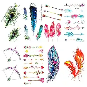 8 Sheets Watercolor Feather Arrow Temporary Tattoos For Women