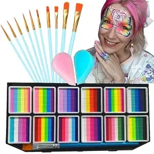 Face Painting Kit, 12 Split Cake Face Paint Palette Makeup Kit Non-Toxic Water Activated With Brush, Sponge For Party Halloween (12 Split Cakes)