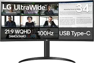 Lg 34wr55qk-B 34-Inch Ultrawide Wqhd (3440 X 1440) Curved Computer Monitor, 100hz, 5ms, hdr10, Reader Mode, Hdmi, Displayport, Usb Type-C, Tilt/Height Adjustable Stand, Black