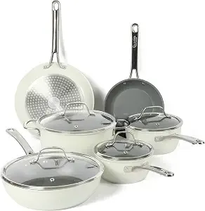 Sur La Table Kitchen Essentials 10 Piece Pfa Free Non-Toxic Titanium Ceramic Nonstick Interior Forged Aluminum Cookware Pots And Pans Set - Linen White - Induction Compatible