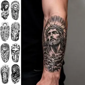 8 Sheets Jesus God Cross Pray Hand Maria Flower Temporary Tattoos