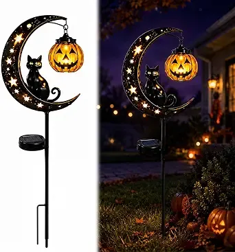 Solar Halloween Black Cat & Pumpkin Moon Garden Stake Light, Waterproof Outdoor Moon Light With Hanging Pumpkin Lantern, Outdoor Halloween Yard Decor For Garden, Patio, Lawn, Pathway (Style A)