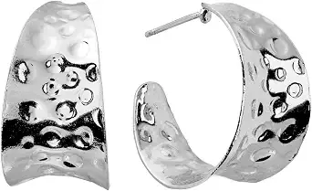 Amazon Essentials Fine Silver Plated 25mm X 13.7mm Medium Hammered Post Hoop Earrings, Silver Finish