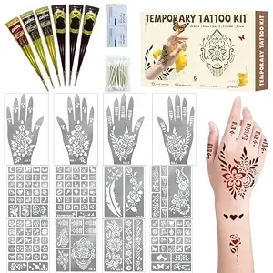 136 Pcs Henna Tattoo Stencil Kit, 6 Pcs Ink Brown Black Cherry Red Henna Diy Face Body Art Mehndi Henna Stencils Skin Painting Tattoos Kit For Adult Women Men Bridal Wedding Ramadan Party