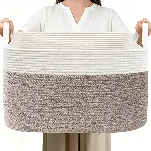 65l Laundry Basket With Handles, Woven Blanket Basket, White/Brown
