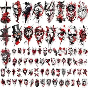 77 Sheets Temporary Tattoos For Adults And Kids, Cool Waterproof Fake Tattoos, Black And Red Trash Polka Half Arm Sleeve Small Tattoos