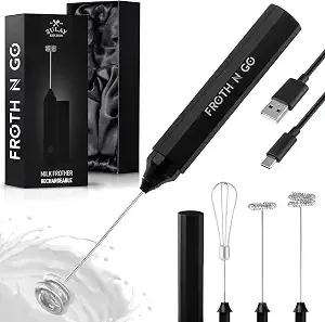 Zulay Rechargeable Milk Frother – 3-In-1 Handheld Frother Wand With Travel Case & Usb-C Charger – Single, Double & Egg Whisk For Latte, Cappuccino, Matcha, Protein Shakes - Froth N Go Deep Black