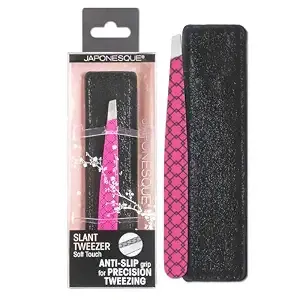 Japonesque Soft Touch Slant Tweezer With Precision Crafted, Hand Sharpened Tips For Shaping And Defining Brows, Includes Protective Storage Pouch