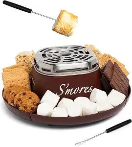 Nostalgia Tabletop Indoor Electric S'Mores Maker - Smores Kit With Marshmallow Roasting Sticks And 4 Trays For Graham Crackers, Chocolate, And Marshmallows - Movie Night Supplies - Brown