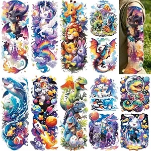 Aresvns 12 Sheets Cute Cartoon Full Arm Temporary Tattoo Sleeves For Kids