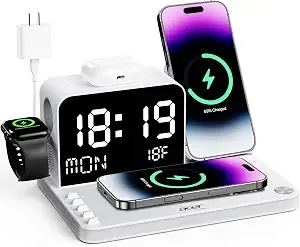 Acer 7-In-1 Wireless Charging Station Charger Stand For Multiple Devices For Apple -Iphone 18 17 16 15 14 13 Pro Max Apple Watch Airpods, Wireless Iphone Charger Station With Bluetooth Timesync White