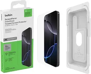 Belkin Screenforce Invisiglass Treated Screen Protector For Iphone 16 Pro Max, Scratch-Resistant Impact Protection W/Included Easy Align Tray For Bubble Free Application - Made With Recycled Glass