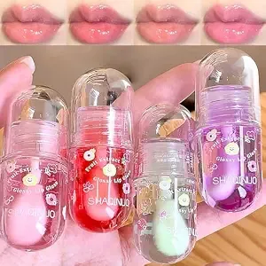 4pcs Cute Jelly Lip Gloss Oil Set For Women,Fruit Flavored Lip Oil
