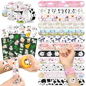 96 Pcs Cow Party Favors Set – 72 Pre-Cut Temporary Tattoos & 24 Slap Bracelets For Kids, Perfect For Farm Birthday Parties, Barnyard Celebrations & Classroom Rewards