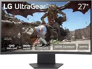 Lg 27gs60qc-B Ultragear 27-Inch Curved Gaming Monitor Qhd (2560x1440) 180hz 1ms 1000r Amd Freesync hdr10 hdmix2 Displayport Borderless Design Black Stabilizer Das Crosshair Fps Counter - Black