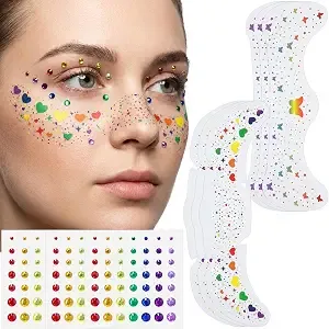 Wehhbtye 9 Sheet Rainbow Freckles Face Tattoos And Gems Sticker Set, Pride Month Glitter Freckles Stickers, Multicolor Heart Face Gems For Lgbtq+ Parade Festival Makeup Accessories