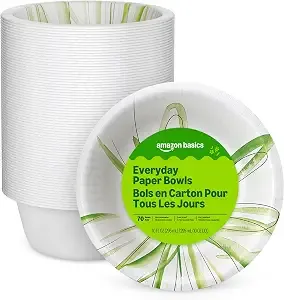 Amazon Basics Everyday Paper Bowls, 10 Oz, Disposable, 70 Count, White, Packaging May Vary