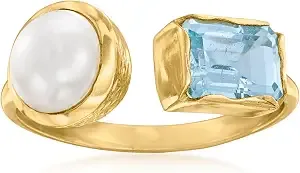 Ross-Simons 8-8.5mm Cultured Pearl And 1.70 Carat Sky Blue Topaz Toi Et Moi Ring In 18kt Gold Over Sterling