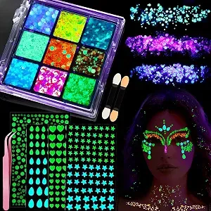 Ygdz Glow In The Dark Body Glitter, Face Glitter Gel, Mermaid Face Gems Kit, Hair Glitter Jewels For Makeup, Festival Outfits For Uv Black Light Party, Rave Accessories For Women