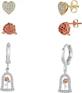 Disney Beauty And The Beast Tri-Tone Heart Rose 3-Piece Earring Set