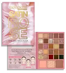 Bellapierre Satin Rose Face & Eye Book Palette - 25 Eyeshadow Shades With Blush, Bronzer, & Highlighter - Non-Toxic & Paraben Free - Vegan & Cruelty-Free