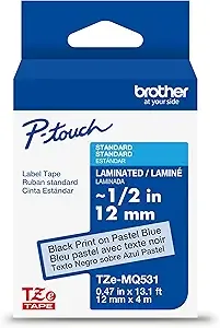 Brother Genuine P-Touch Tze Black Print On Pastel Blue Label Tape (tzemq531), Laminated, ~1/2in X 13.1ft (12mm X 4m), For Select P-Touch Label Makers, Durable, Water-Resistant, Indoor/Outdoor Use
