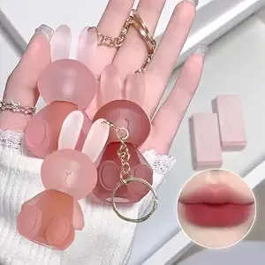 3pcs Matte Liquid Lipstick Set,Cute Rabbit Lip Gloss Velvet 2 In 1 Key Chain Lip Stain,Waterproof Non-Stick Cup Long Lasting Lip Clay Cute Makeup For Girls