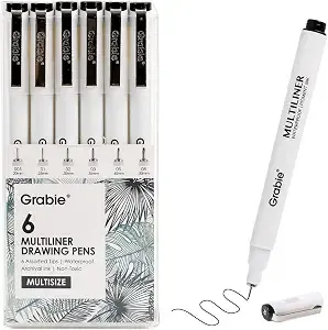 Grabie Micro Fineliner Pens, 6 Black Waterproof Drawing Pens