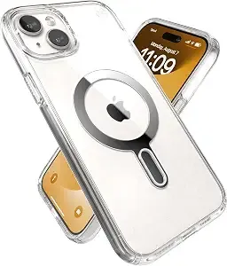 Speck Clear Iphone 15 Plus Case - Clicklock No-Slip Interlock, Built For Magsafe, Drop Protection - For Iphone 15 Plus & Iphone 14 Plus - Anti-Yellowing 6.7 Inch Phone Case - Presidio Clear/Chrome