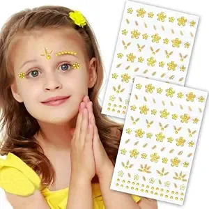Flower Face Tattoo Sticker Summer Face Jewelry For Girls- Self-Adhesive Rhinestones For Eyes, Face, Nail Body – Festival Halloween Christmas Cosplay Makeup Decoration (Yellow)