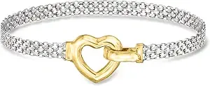 Ross-Simons Sterling Silver And 18kt Gold Over Sterling Heart Bismark-Link Bracelet