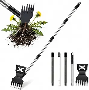 Weed Puller Tool With Long Handle, 61.4 Inch Stand Up Weeder Tool, 4-Claw Stainless Steel Weed Remover, No Bending Manual Dandelion Root Extractor For Lawn Garden Yard Patio